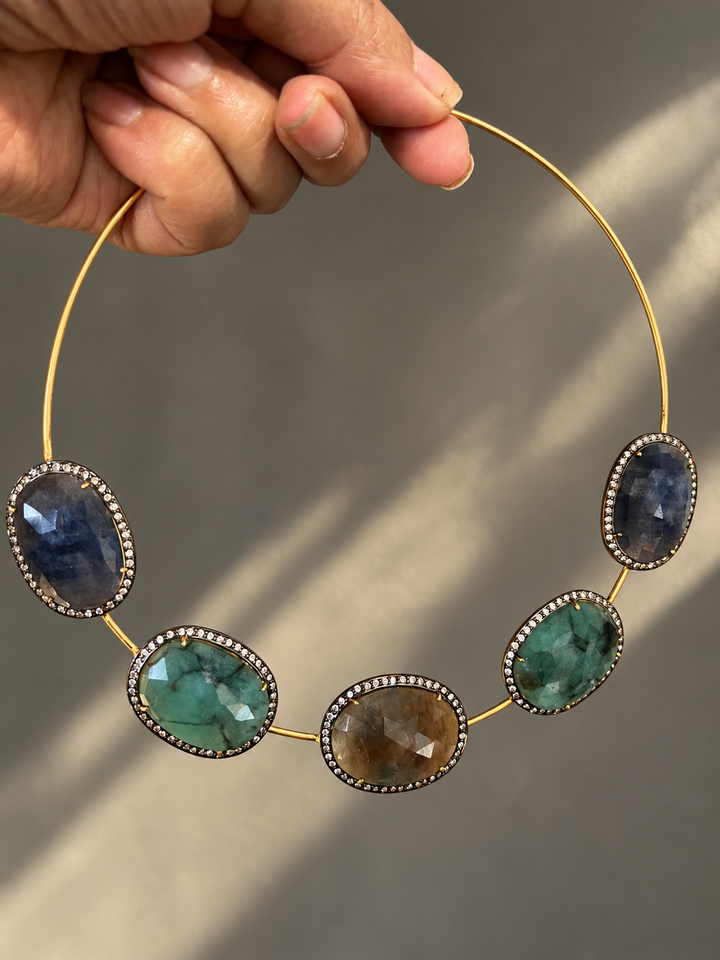 Antique Gold Multi-Sapphire 925 Silver Hasli Set