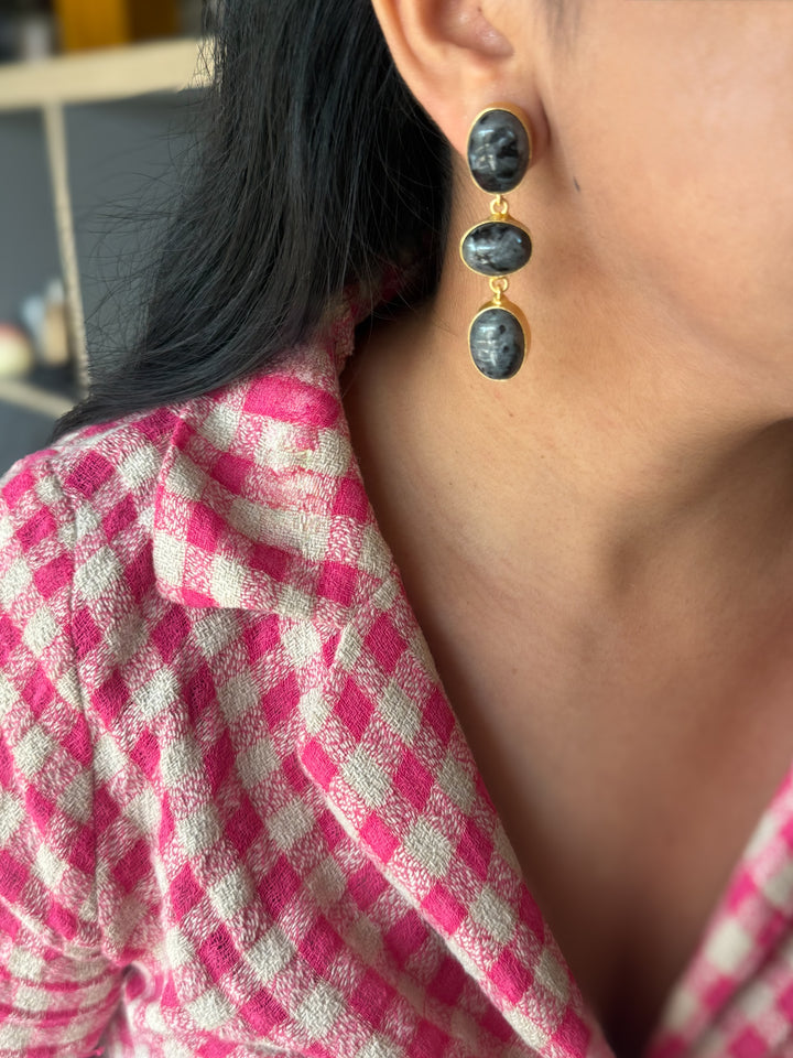 Handmade Raw Stone 3 Tier Earrings | Gold Polish Brass Push Back Statement Earrings