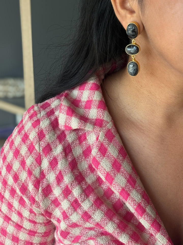 Handmade Raw Stone 3 Tier Earrings | Gold Polish Brass Push Back Statement Earrings