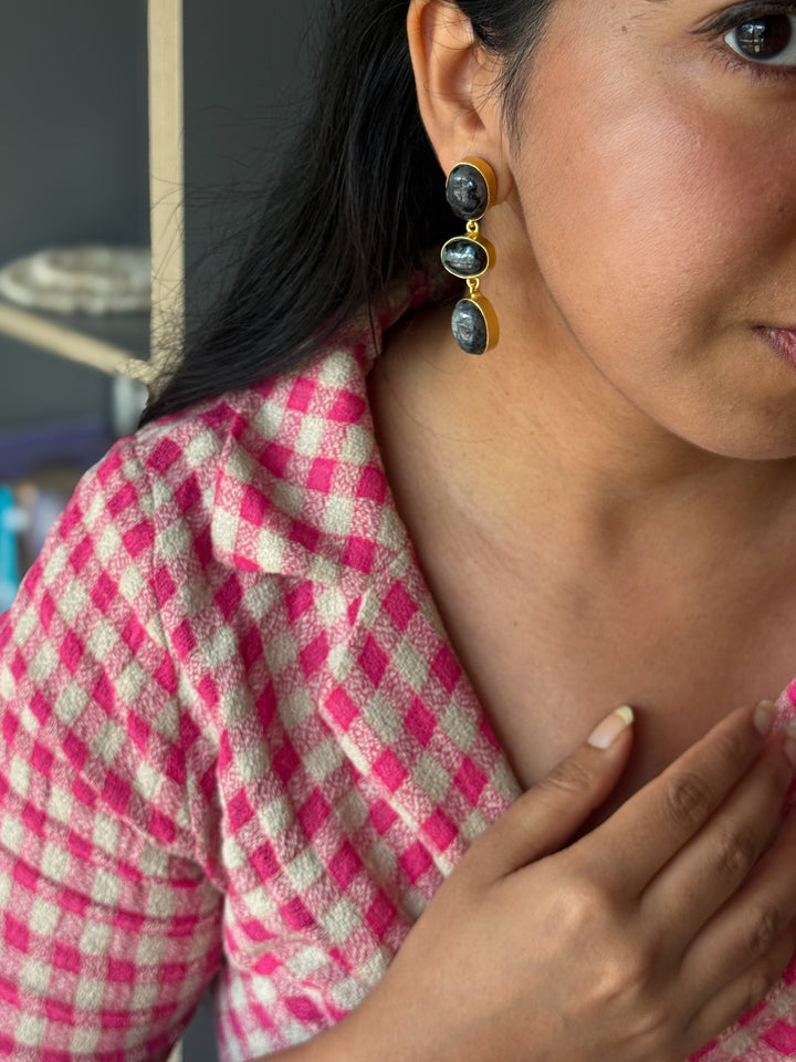 Handmade Raw Stone 3 Tier Earrings | Gold Polish Brass Push Back Statement Earrings