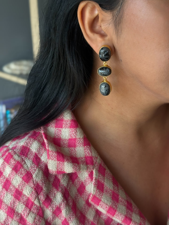 Handmade Raw Stone 3 Tier Earrings | Gold Polish Brass Push Back Statement Earrings
