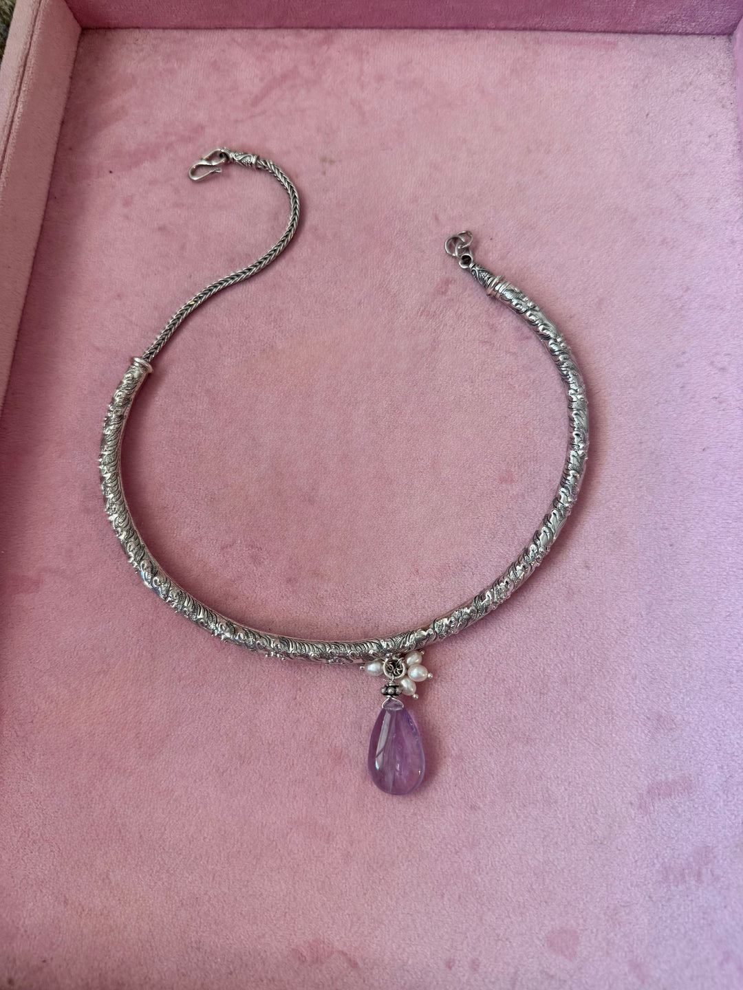 Handmade 925 Silver Hasli Necklace with Natural Amethyst Drop | Adjustable Hook Closure Jewelry