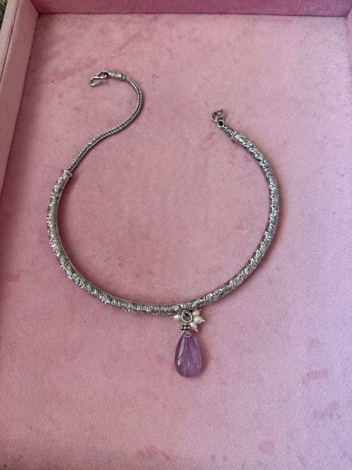 Handmade 925 Silver Hasli Necklace with Natural Amethyst Drop | Adjustable Hook Closure Jewelry