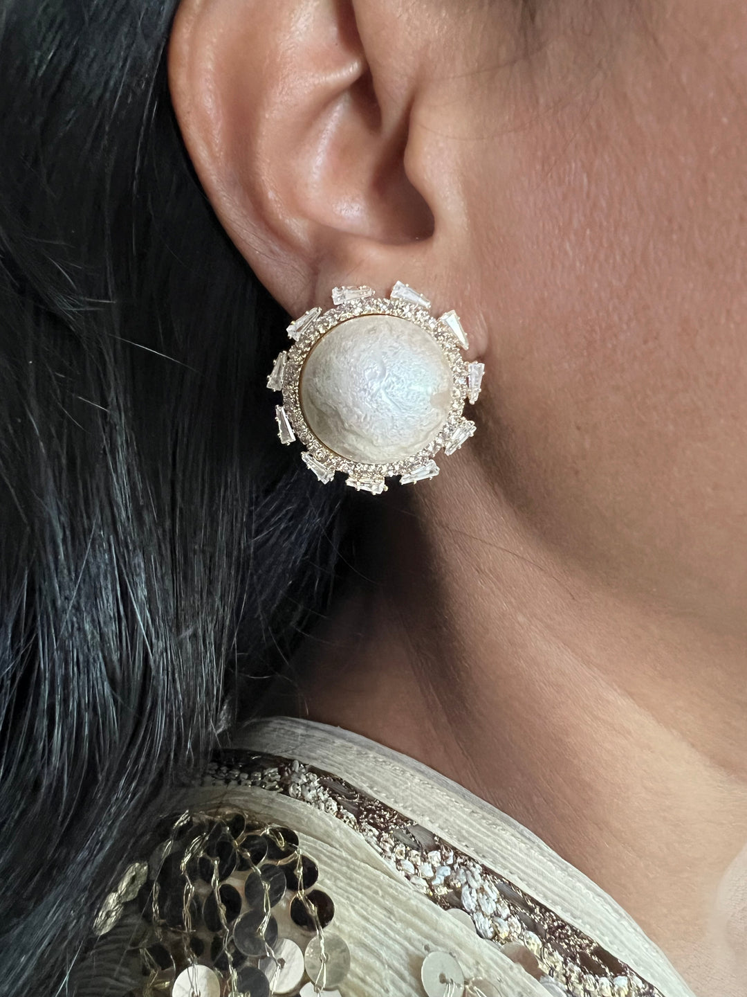 Elegant Textured Pearl Stud Earrings | SHIVKA Designer Jewelry