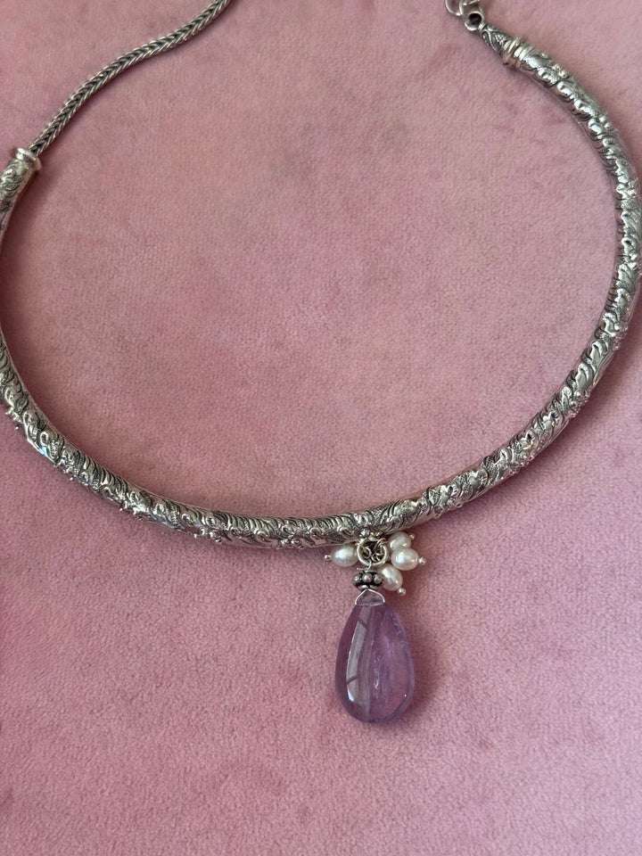 Handmade 925 Silver Hasli Necklace with Natural Amethyst Drop | Adjustable Hook Closure Jewelry