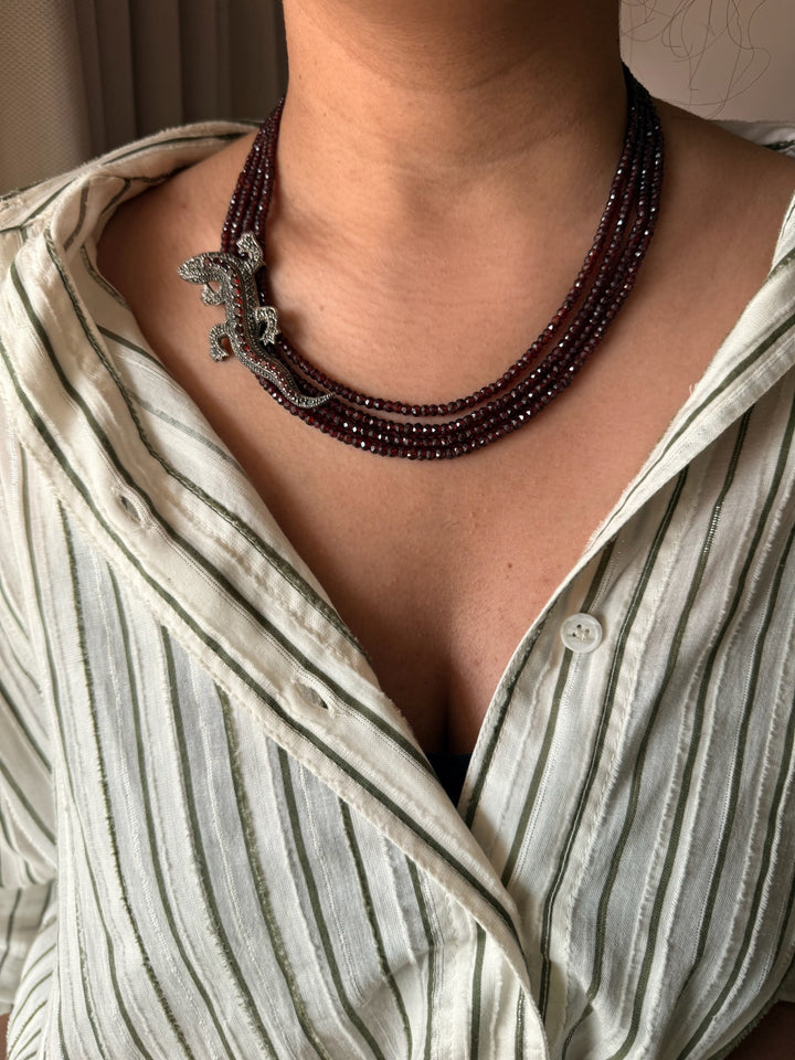 Garnet Lizard 925 Silver Necklace | SHIVKA | Statement Pendant Necklace for Elegant Royal Party Look