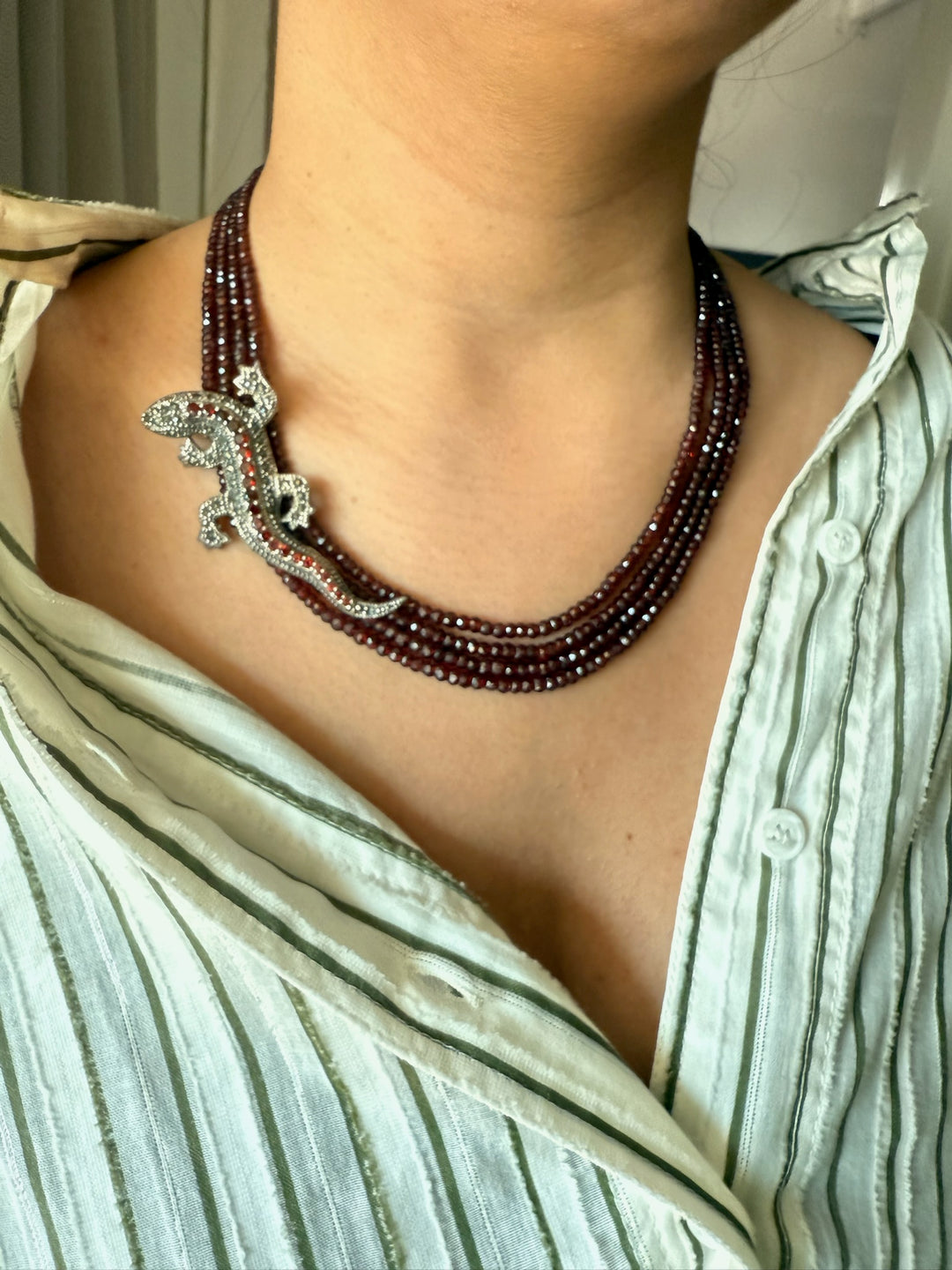 Garnet Lizard 925 Silver Necklace | SHIVKA | Statement Pendant Necklace for Elegant Royal Party Look