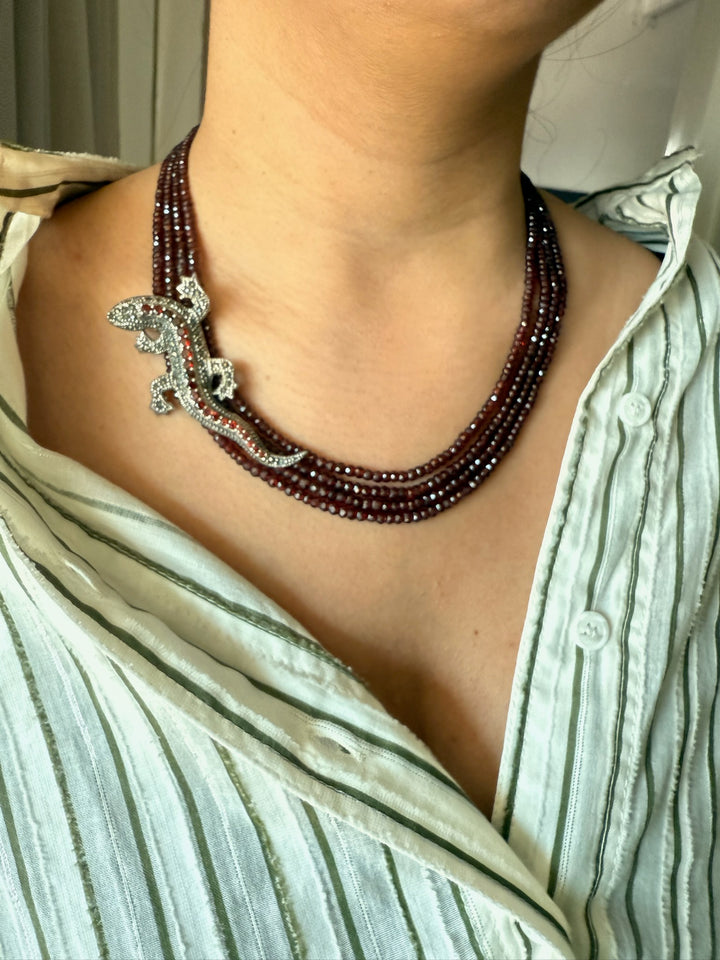 Garnet Lizard 925 Silver Necklace | SHIVKA | Statement Pendant Necklace for Elegant Royal Party Look