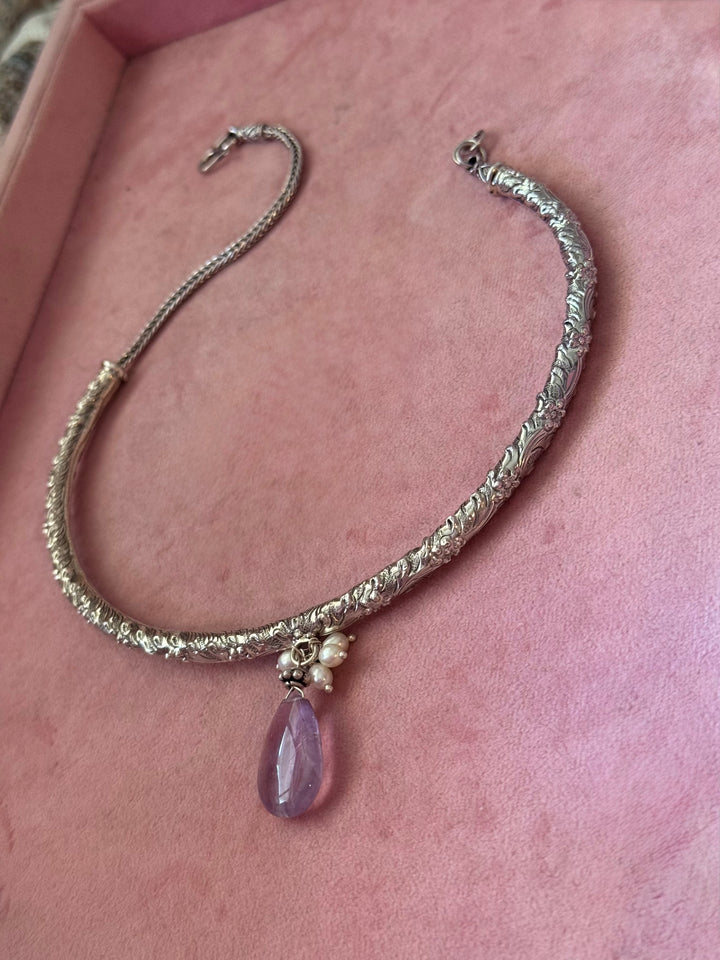 Handmade 925 Silver Hasli Necklace with Natural Amethyst Drop | Adjustable Hook Closure Jewelry