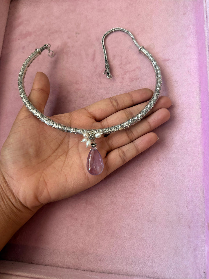 Handmade 925 Silver Hasli Necklace with Natural Amethyst Drop | Adjustable Hook Closure Jewelry