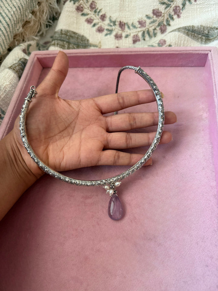 Handmade 925 Silver Hasli Necklace with Natural Amethyst Drop | Adjustable Hook Closure Jewelry
