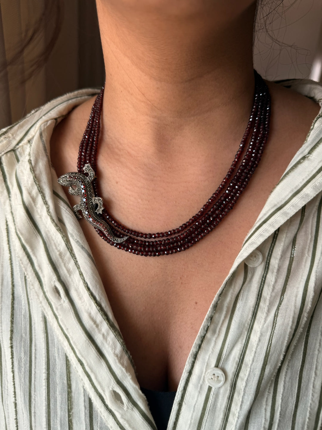 Garnet Lizard 925 Silver Necklace | SHIVKA | Statement Pendant Necklace for Elegant Royal Party Look
