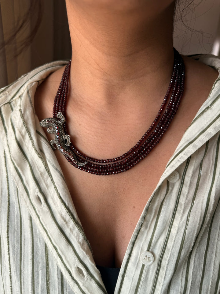 Garnet Lizard 925 Silver Necklace | SHIVKA | Statement Pendant Necklace for Elegant Royal Party Look