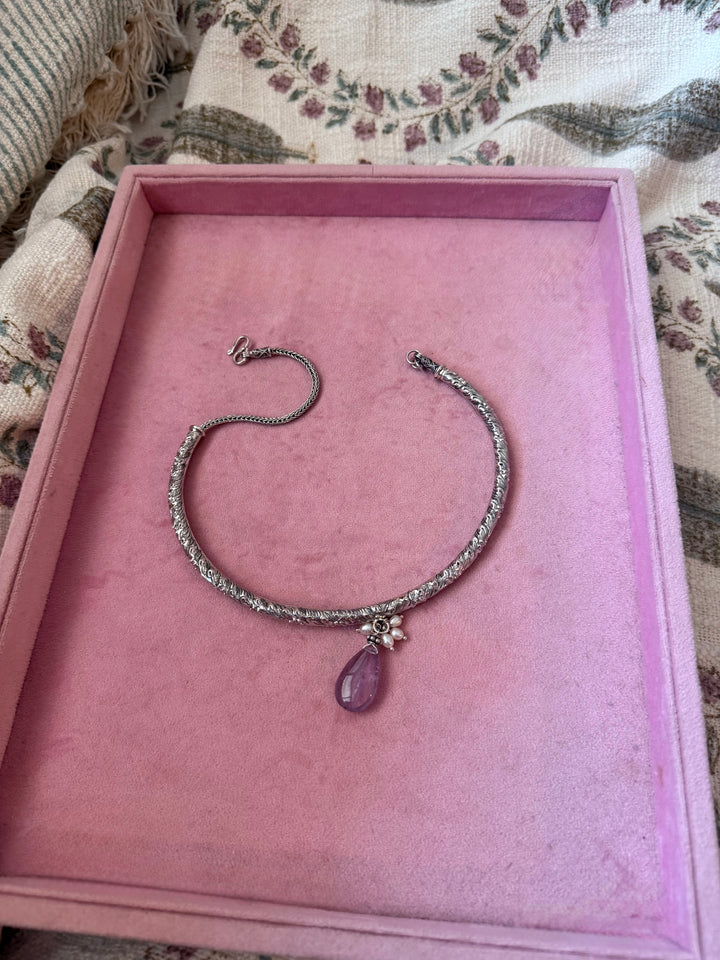 Handmade 925 Silver Hasli Necklace with Natural Amethyst Drop | Adjustable Hook Closure Jewelry