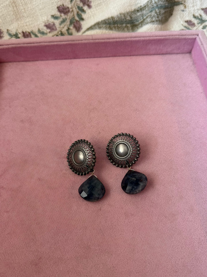 Handmade 925 Silver Iolite Drop Stud Earrings | SHIVKA | 5x3 cm | 28g Pair | Push Back | Statement Jewelry