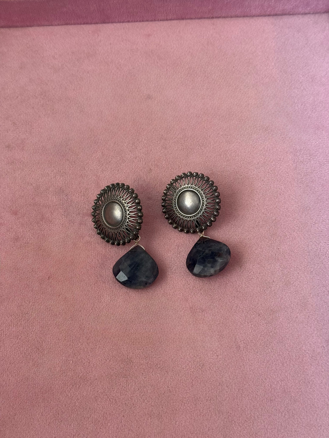 Handmade 925 Silver Iolite Drop Stud Earrings | SHIVKA | 5x3 cm | 28g Pair | Push Back | Statement Jewelry