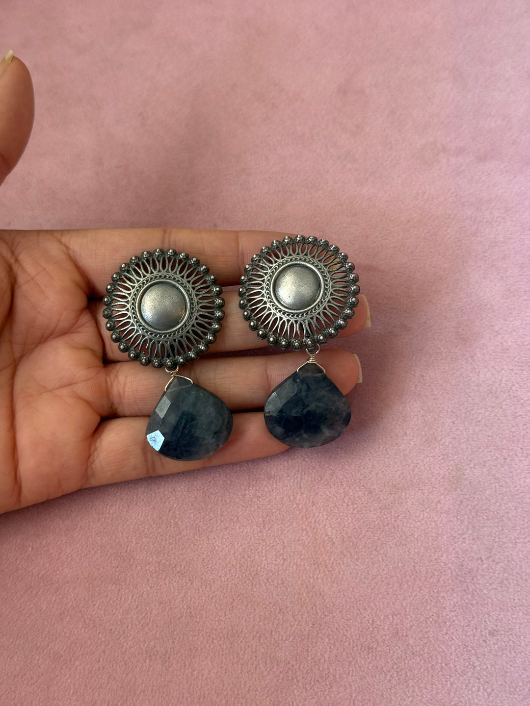 Handmade 925 Silver Iolite Drop Stud Earrings | SHIVKA | 5x3 cm | 28g Pair | Push Back | Statement Jewelry
