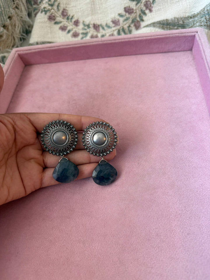 Handmade 925 Silver Iolite Drop Stud Earrings | SHIVKA | 5x3 cm | 28g Pair | Push Back | Statement Jewelry