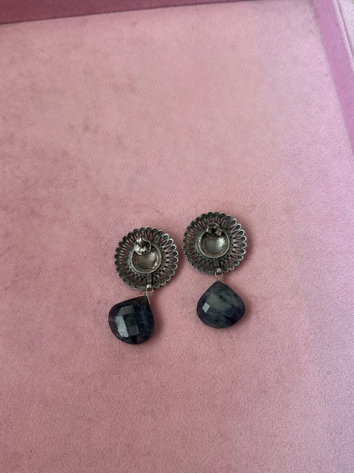 Handmade 925 Silver Iolite Drop Stud Earrings | SHIVKA | 5x3 cm | 28g Pair | Push Back | Statement Jewelry
