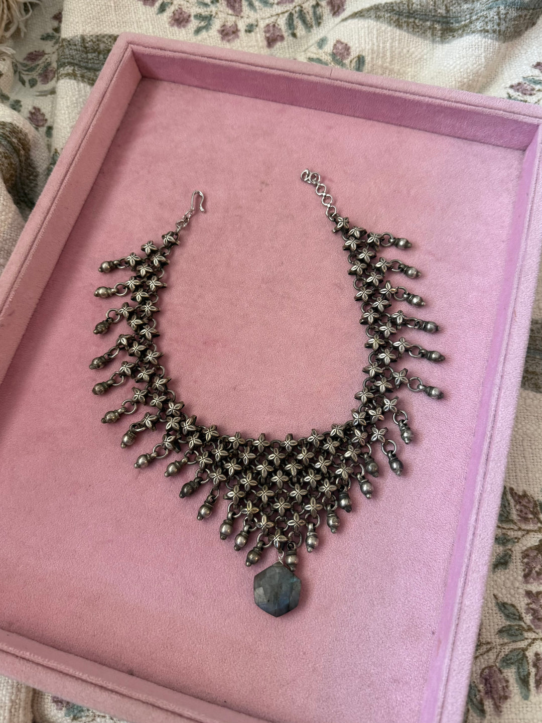 Handmade Oxidized Brass Necklace with Natural Labradorite Drop | Adjustable Short Statement Necklace