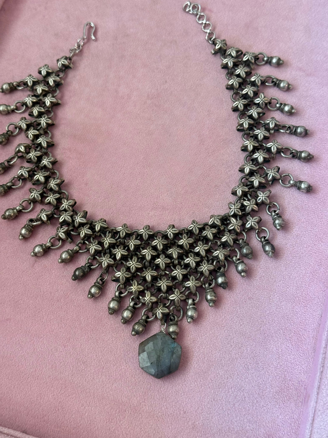 Handmade Oxidized Brass Necklace with Natural Labradorite Drop | Adjustable Short Statement Necklace