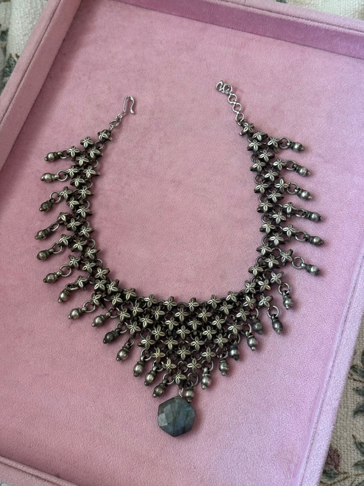 Handmade Oxidized Brass Necklace with Natural Labradorite Drop | Adjustable Short Statement Necklace