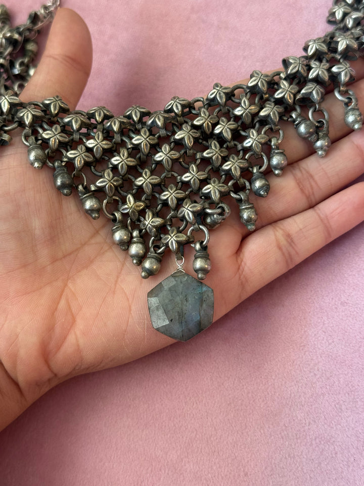 Handmade Oxidized Brass Necklace with Natural Labradorite Drop | Adjustable Short Statement Necklace