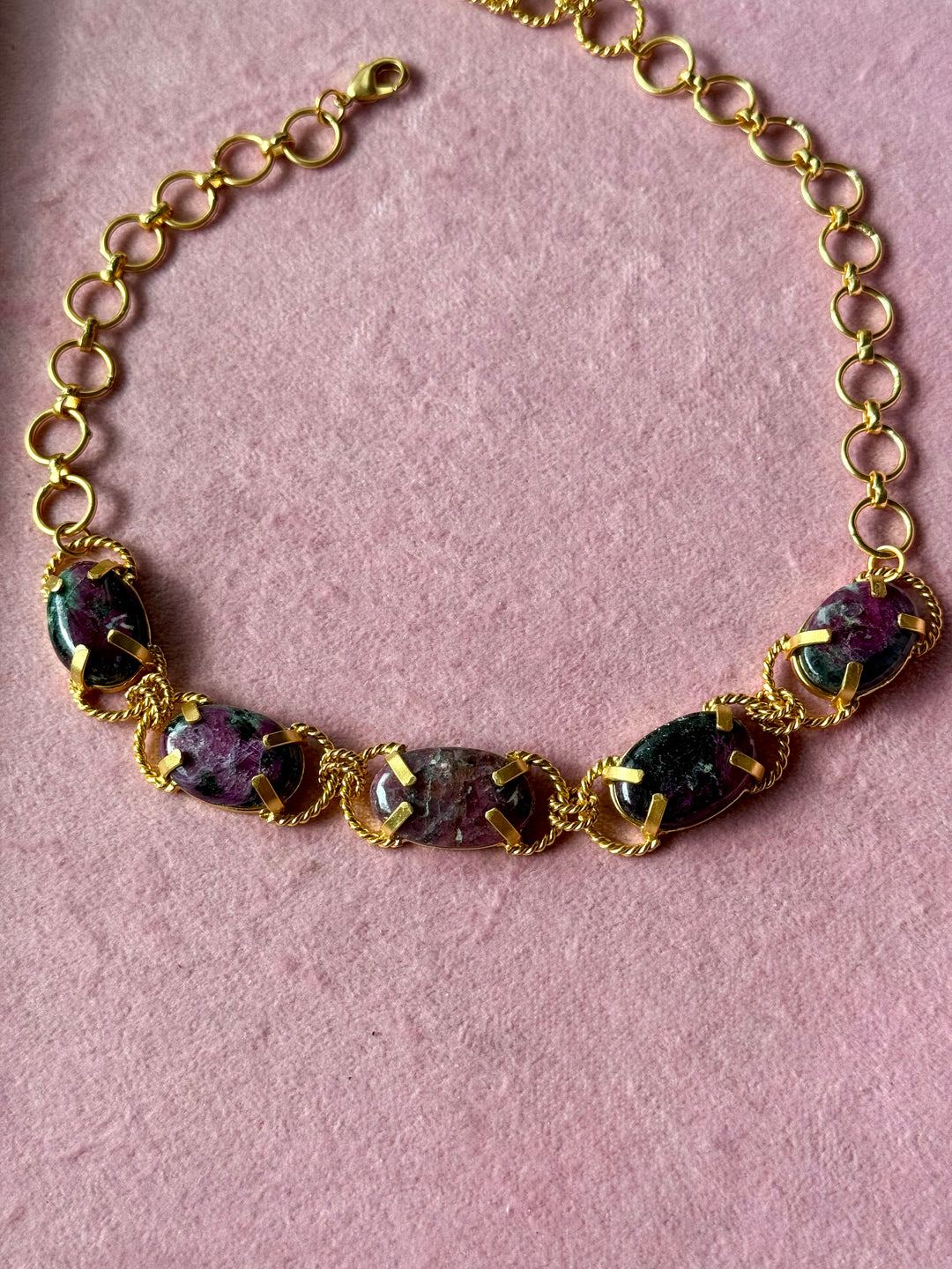 Natural Ruby-in-Zoisite Gemstone Choker – Gold Brass, Adjustable Necklace