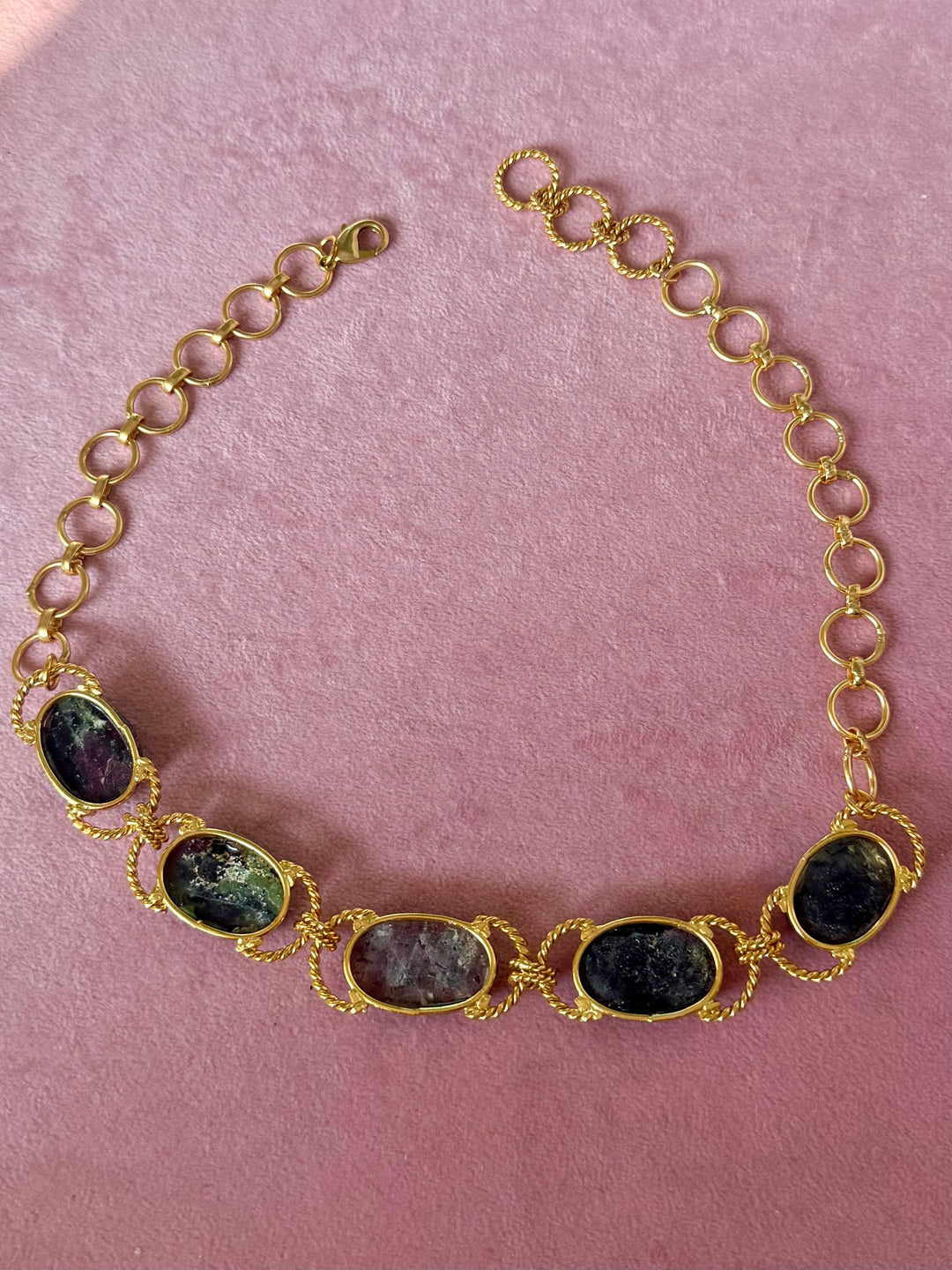 Natural Ruby-in-Zoisite Gemstone Choker – Gold Brass, Adjustable Necklace