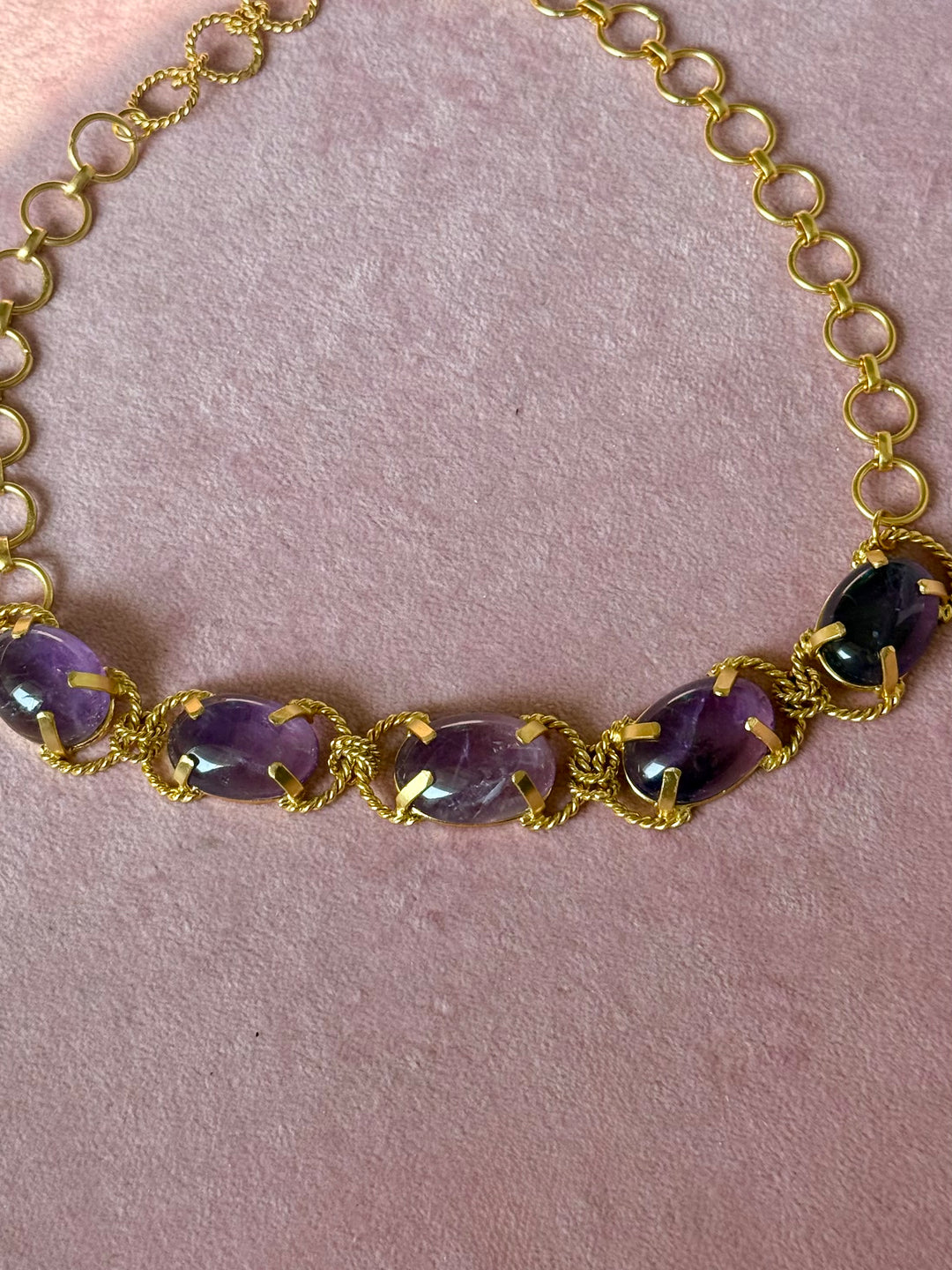 Natural Amethyst Gemstone Choker – Gold Brass, Adjustable Necklace