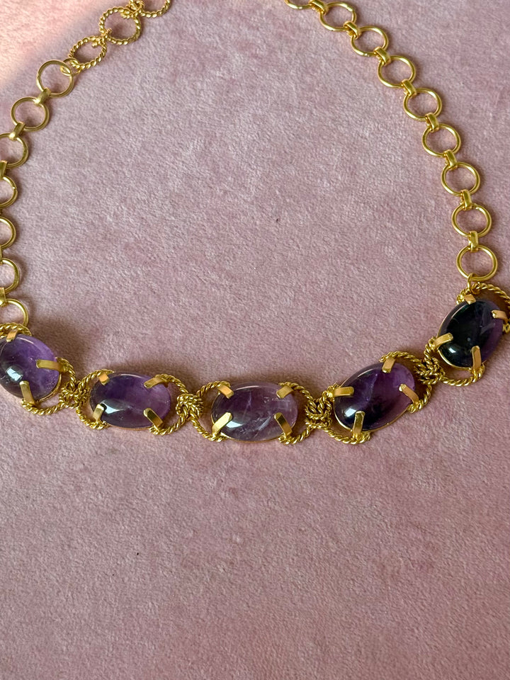 Natural Amethyst Gemstone Choker – Gold Brass, Adjustable Necklace