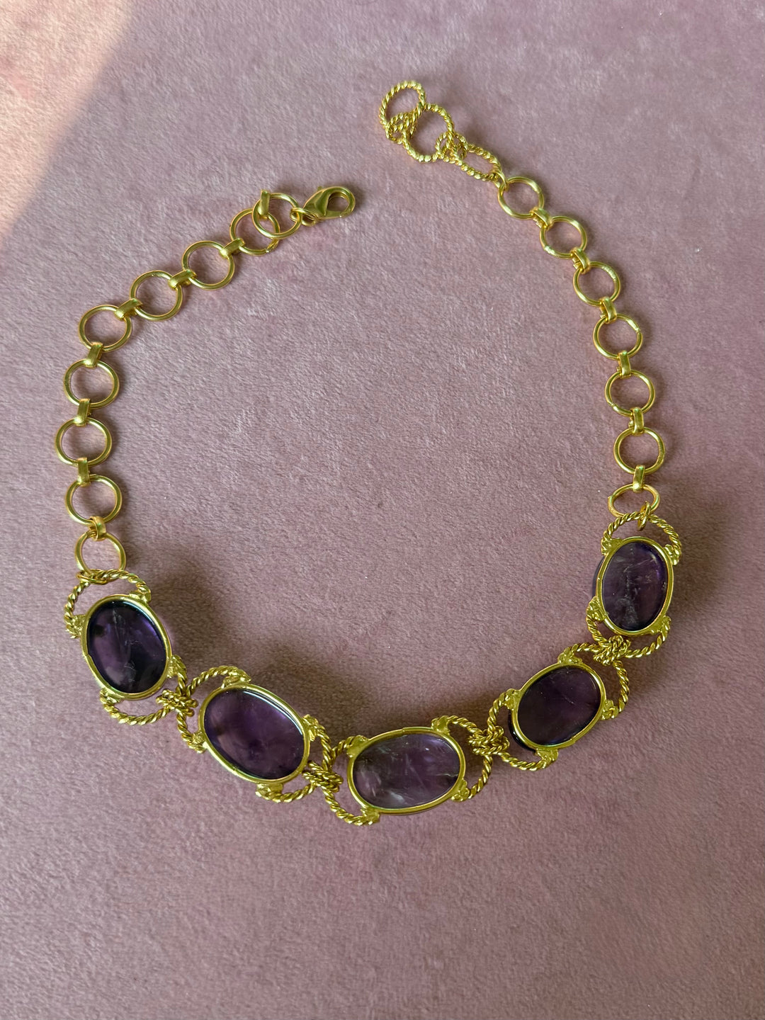 Natural Amethyst Gemstone Choker – Gold Brass, Adjustable Necklace