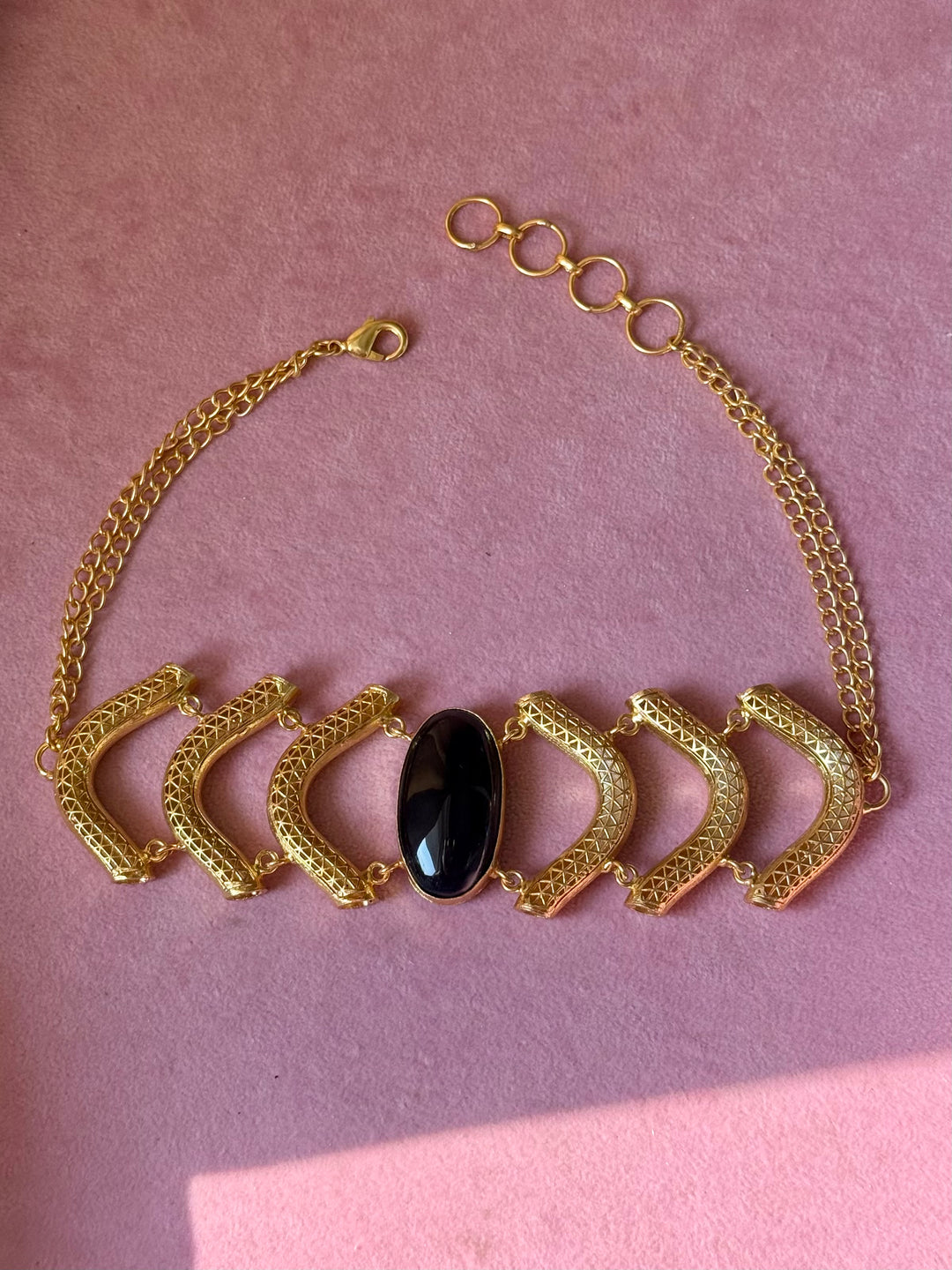 Black Onyx Gemstone Choker – Gold Brass, Adjustable Necklace