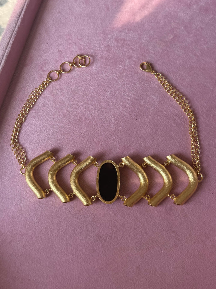 Black Onyx Gemstone Choker – Gold Brass, Adjustable Necklace