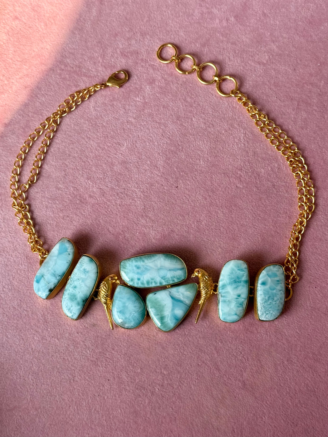 Natural Larimar Gemstone Choker Necklace– Gold Brass, Adjustable Necklace