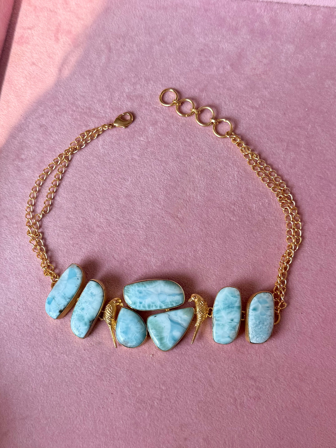 Natural Larimar Gemstone Choker Necklace– Gold Brass, Adjustable Necklace