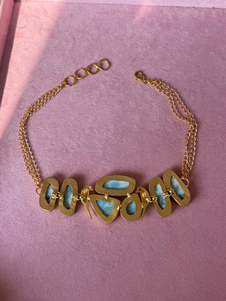 Natural Larimar Gemstone Choker Necklace– Gold Brass, Adjustable Necklace