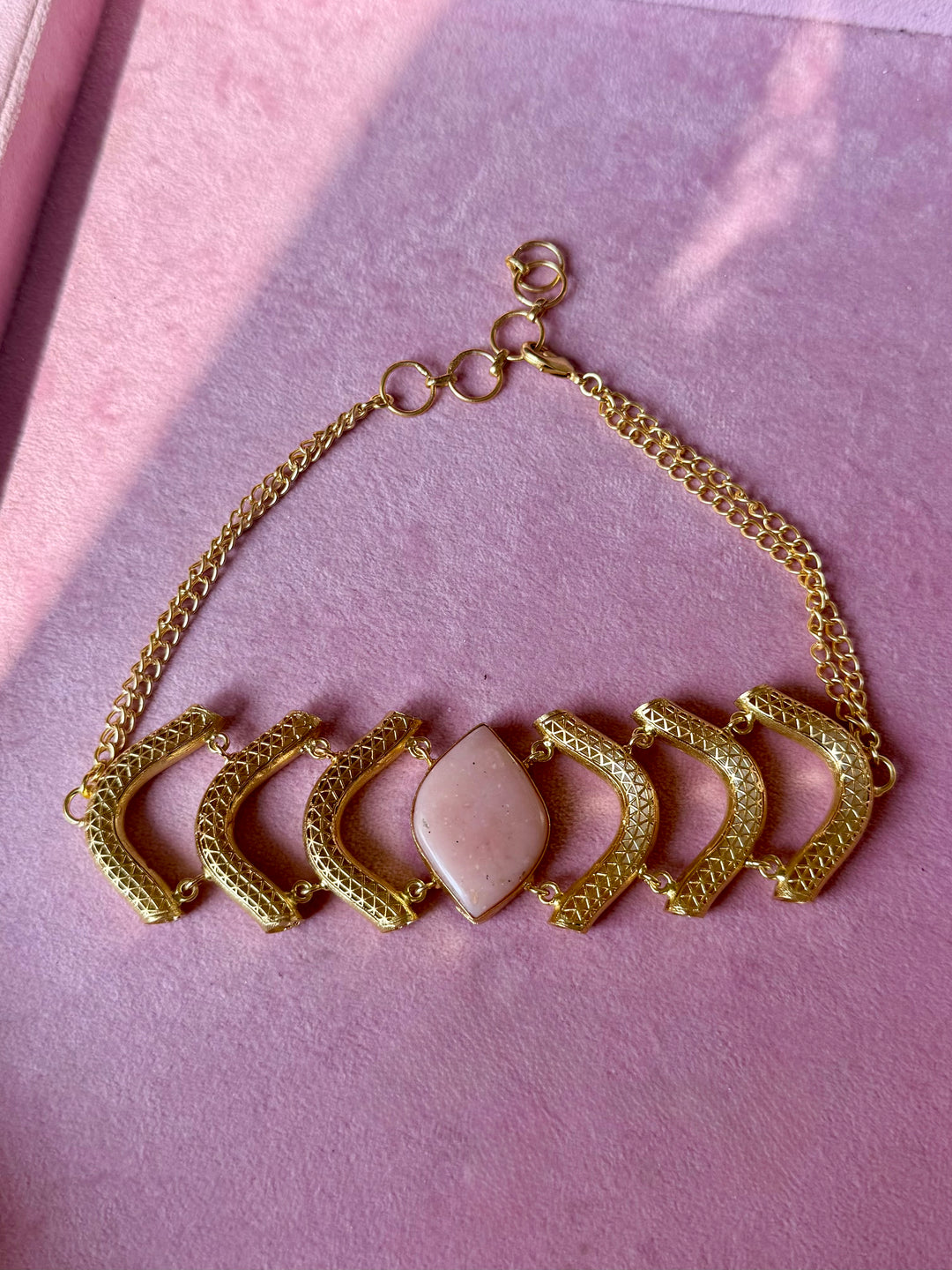 Pink Opal Gemstone Choker – Gold Brass, Adjustable Necklace
