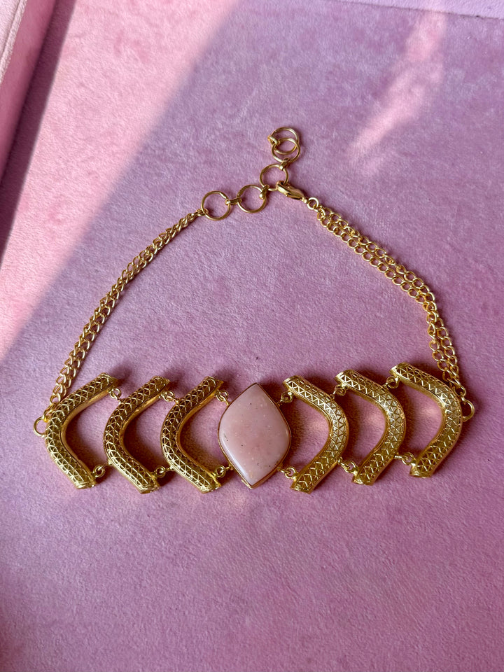 Pink Opal Gemstone Choker – Gold Brass, Adjustable Necklace