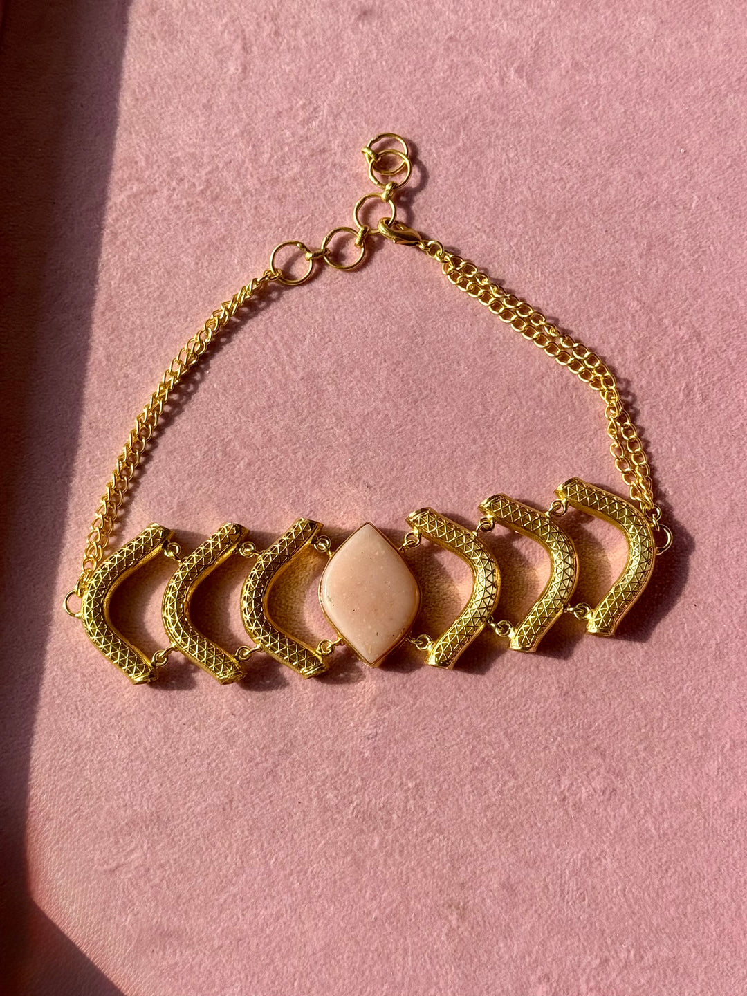 Pink Opal Gemstone Choker – Gold Brass, Adjustable Necklace