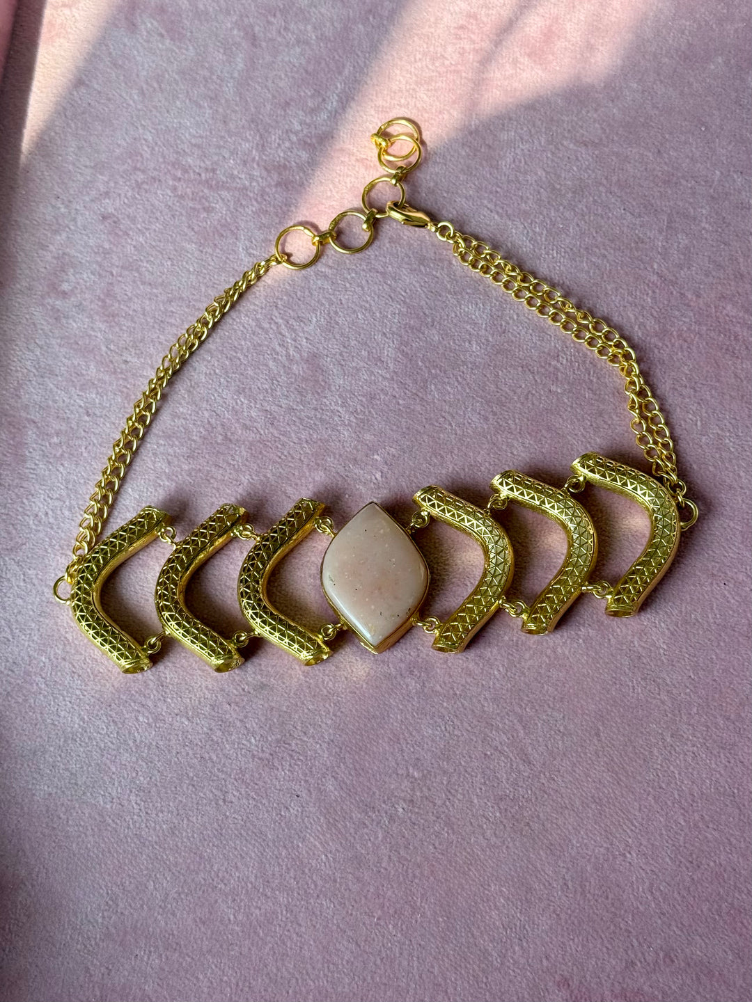 Pink Opal Gemstone Choker – Gold Brass, Adjustable Necklace