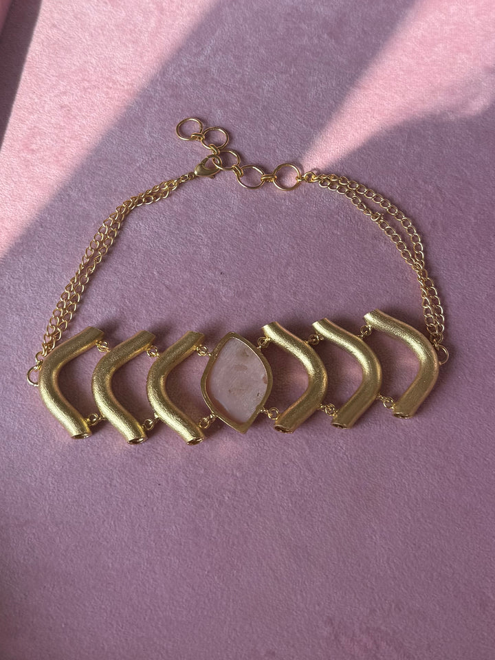 Pink Opal Gemstone Choker – Gold Brass, Adjustable Necklace