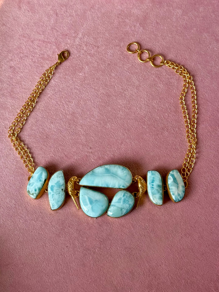 Natural Larimar Gemstone Choker Necklace– Gold Brass, Adjustable Necklace