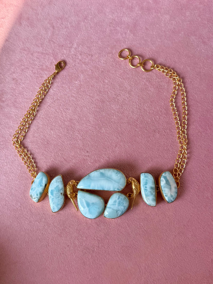 Natural Larimar Gemstone Choker Necklace– Gold Brass, Adjustable Necklace