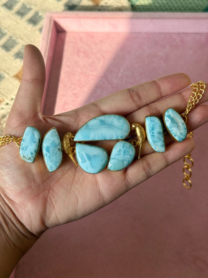 Natural Larimar Gemstone Choker Necklace– Gold Brass, Adjustable Necklace