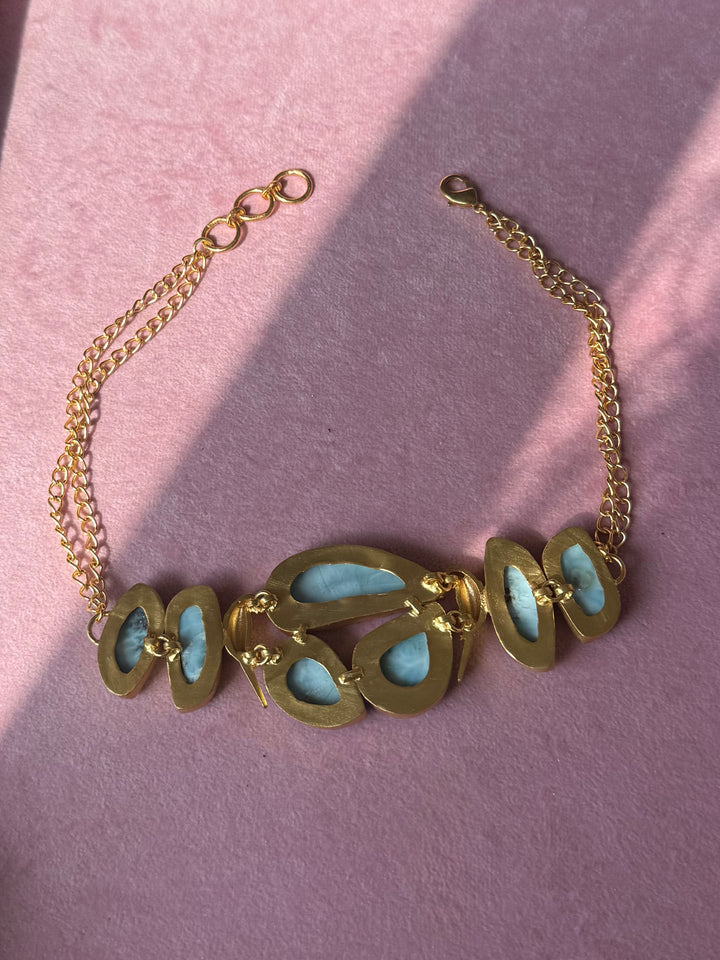 Natural Larimar Gemstone Choker Necklace– Gold Brass, Adjustable Necklace