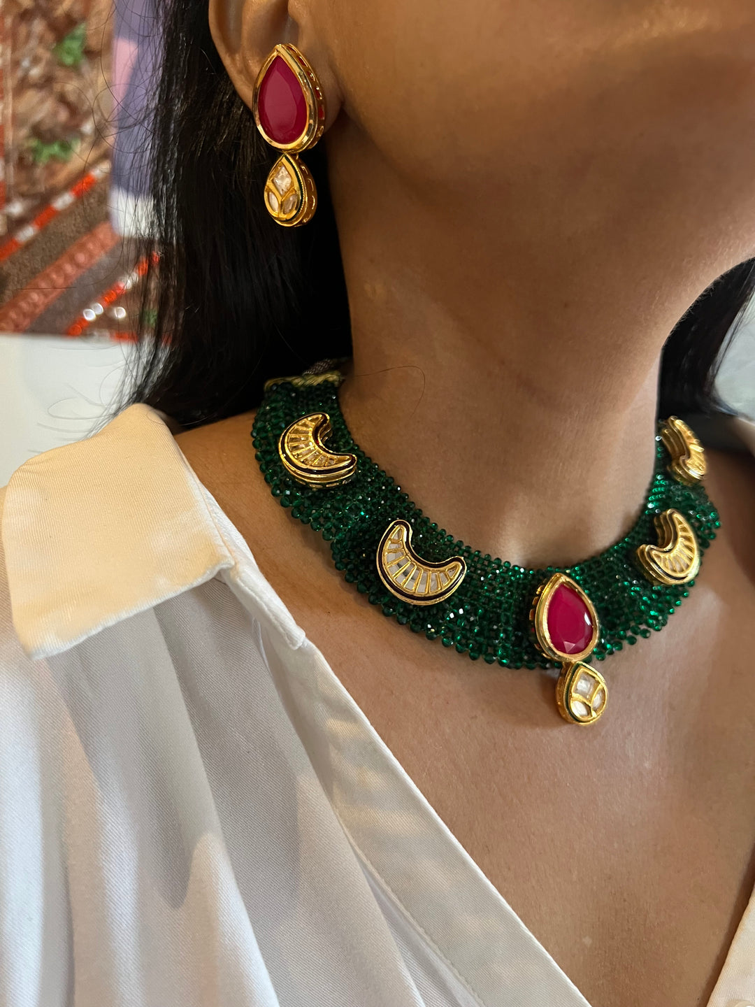 The Chandira Necklace Set | Statement Kundan Mesh Choker Necklace with Earrings