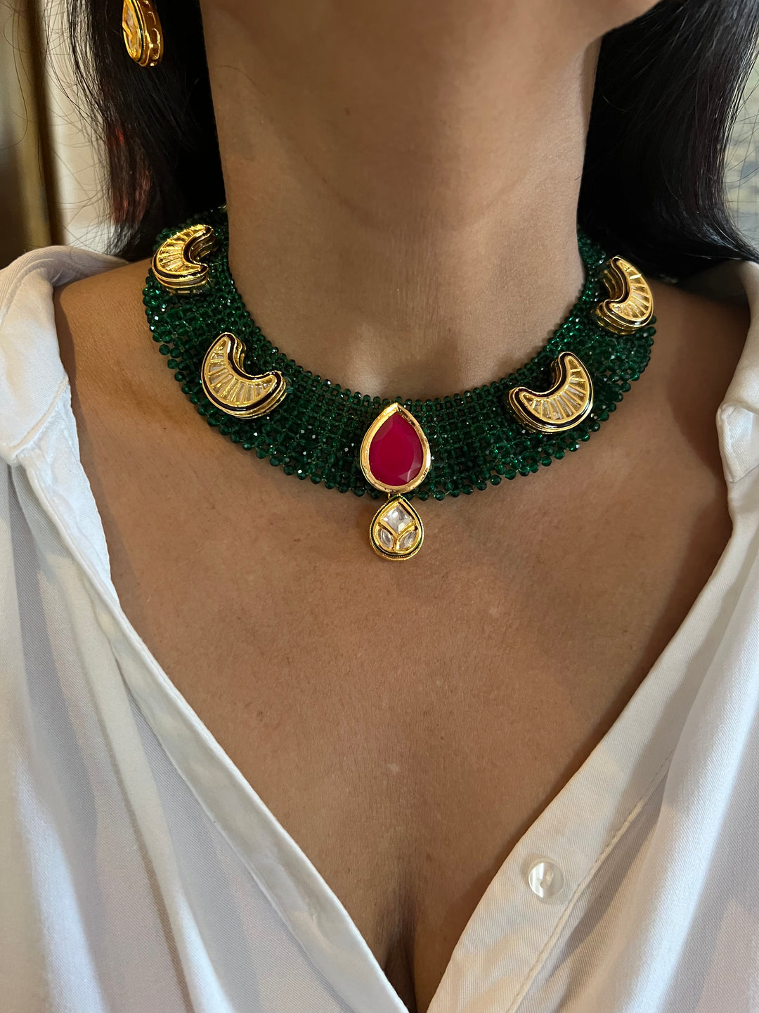 The Chandira Necklace Set | Statement Kundan Mesh Choker Necklace with Earrings