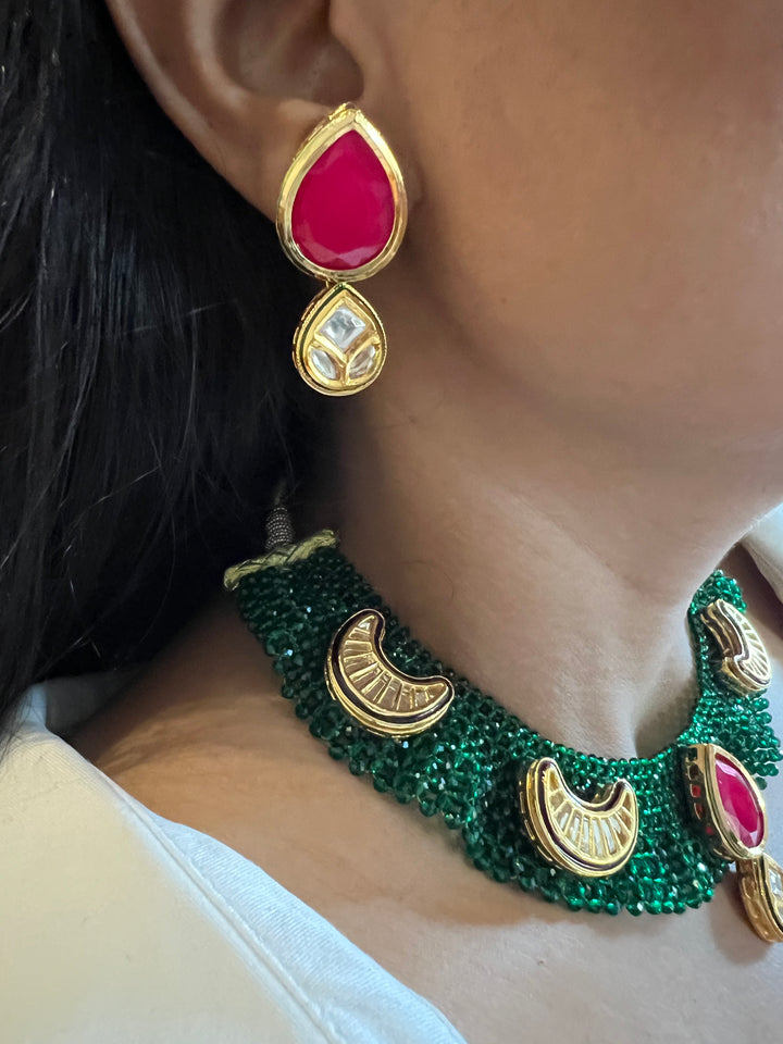 The Chandira Necklace Set | Statement Kundan Mesh Choker Necklace with Earrings