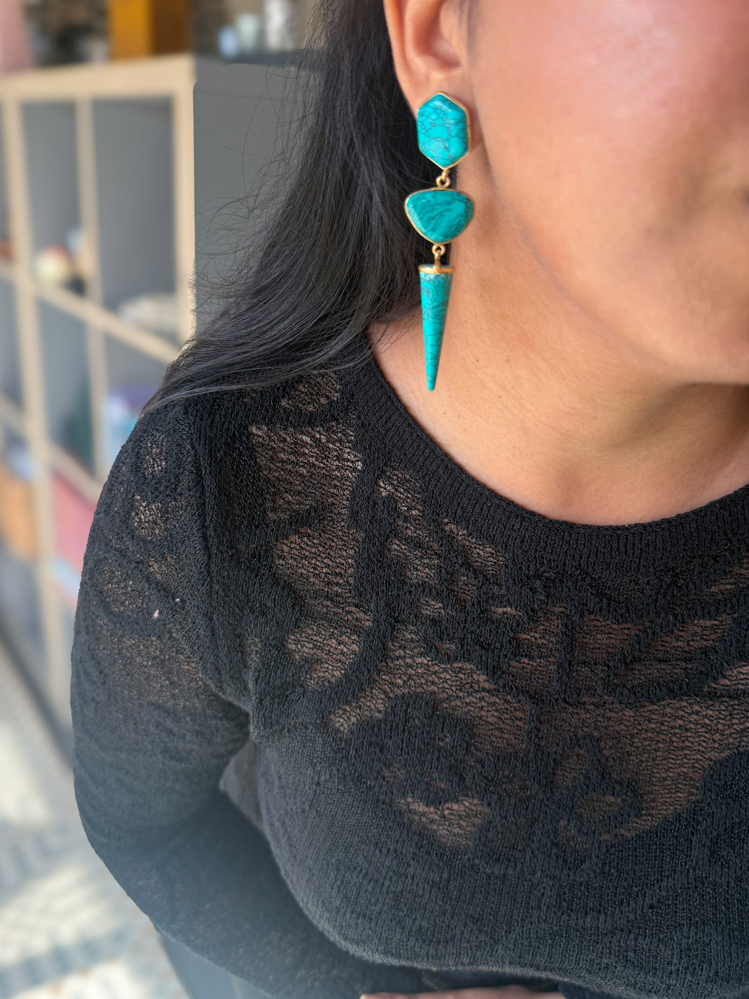 Handmade Turquoise 3 Tier Earrings | Gold Polish Brass Push Back Statement Earrings